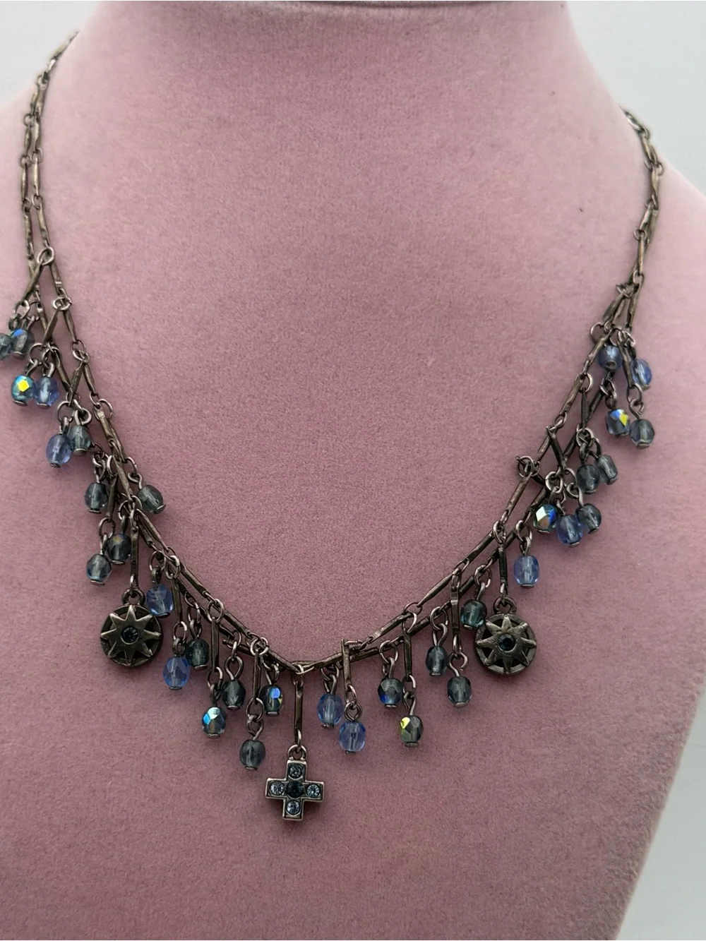 Vintage multi layered Delicate Blue Crystal Charm Necklace - Unbranded